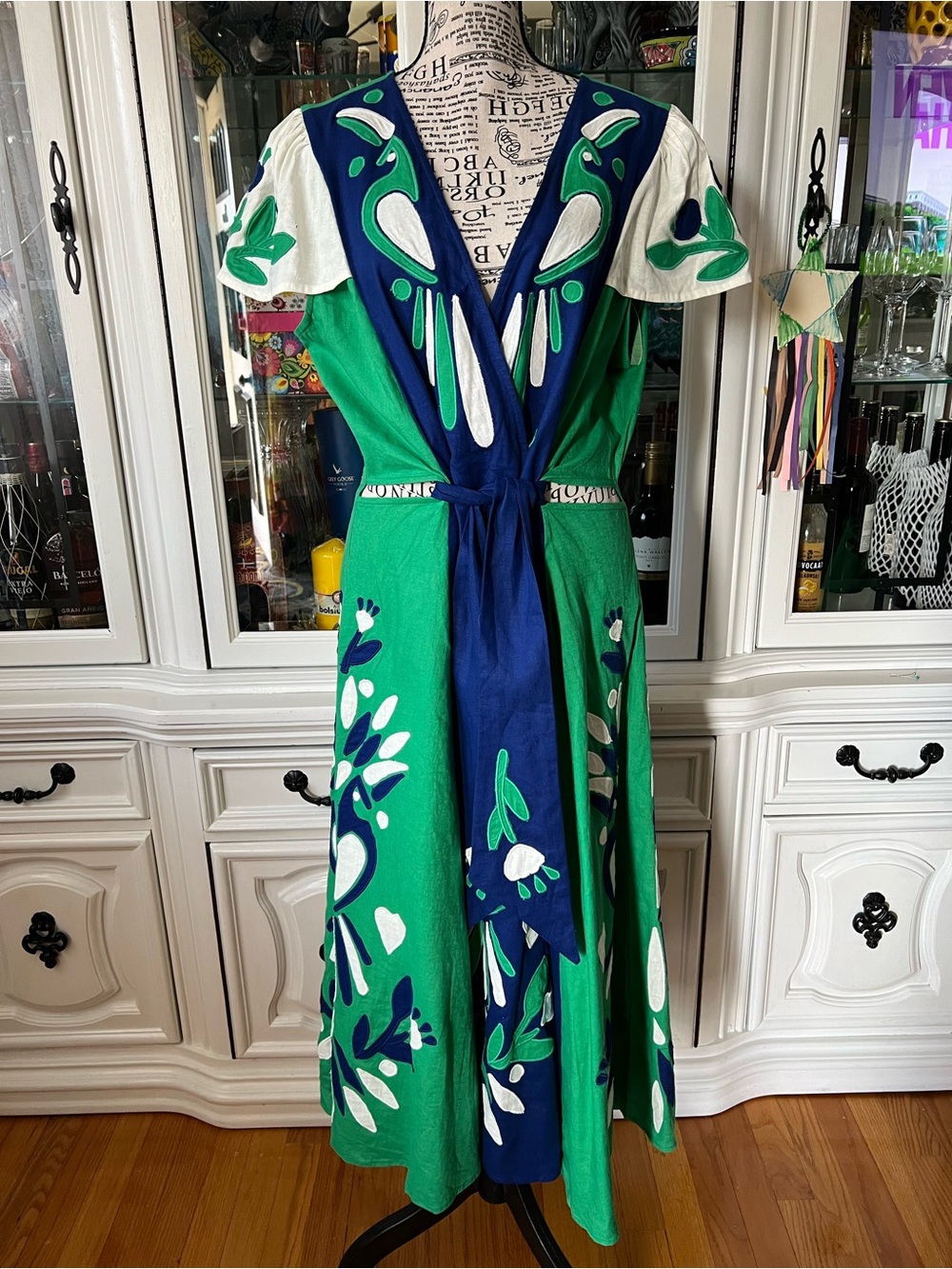 FARM Rio Soft Garden Blue Appliqué Dress with Tie Waist L